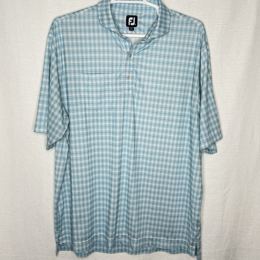 FootJoy Golf Polo‎ Shirt Mens XXL Blue Plaid Pocket Performance Stretch Wicking